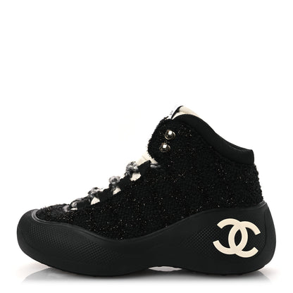 Chanel Tweed CC Lace Up Ankle Snow Boots 38.5 Black 1 of 11