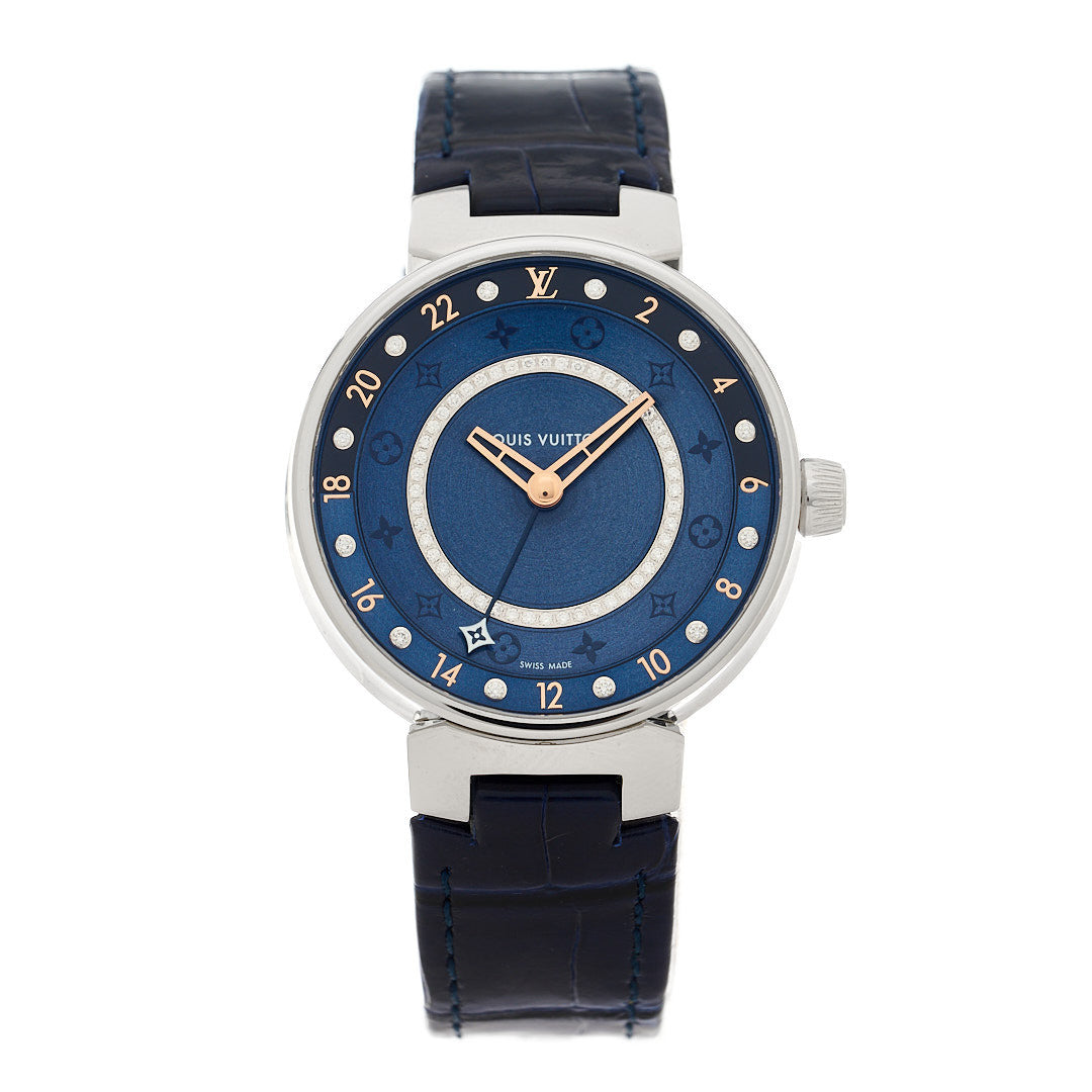 Louis Vuitton LOUIS VUITTON Stainless Steel Alligator Diamond 35mm Tambour Moon Dual Time Quartz Watch Blue 1 of 5
