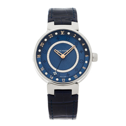 Louis Vuitton LOUIS VUITTON Stainless Steel Alligator Diamond 35mm Tambour Moon Dual Time Quartz Watch Blue 1 of 5