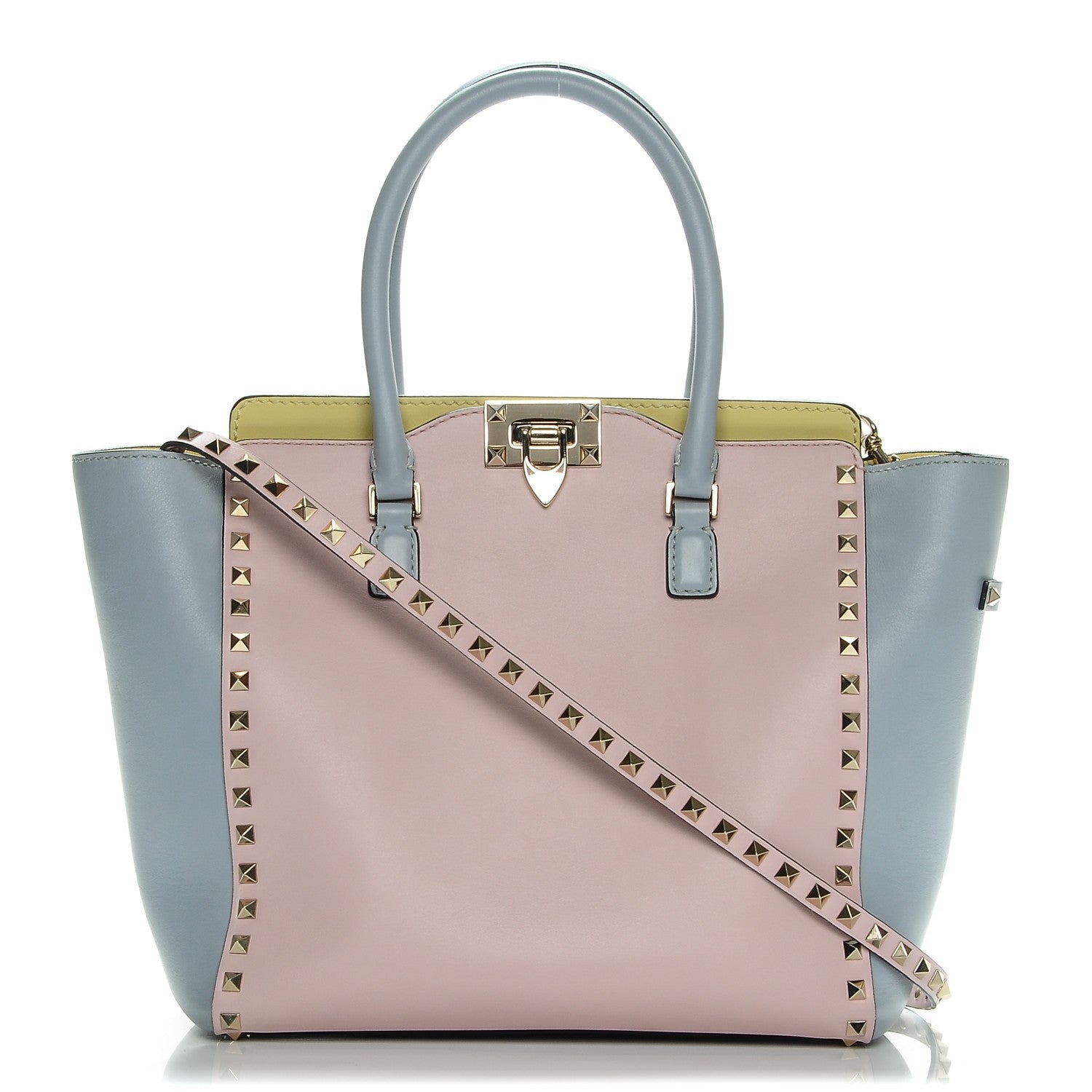 Valentino Garavani Vitello Watercolor Rockstud Double Handle Tote Rose Green Yellow Sky 1 of 7