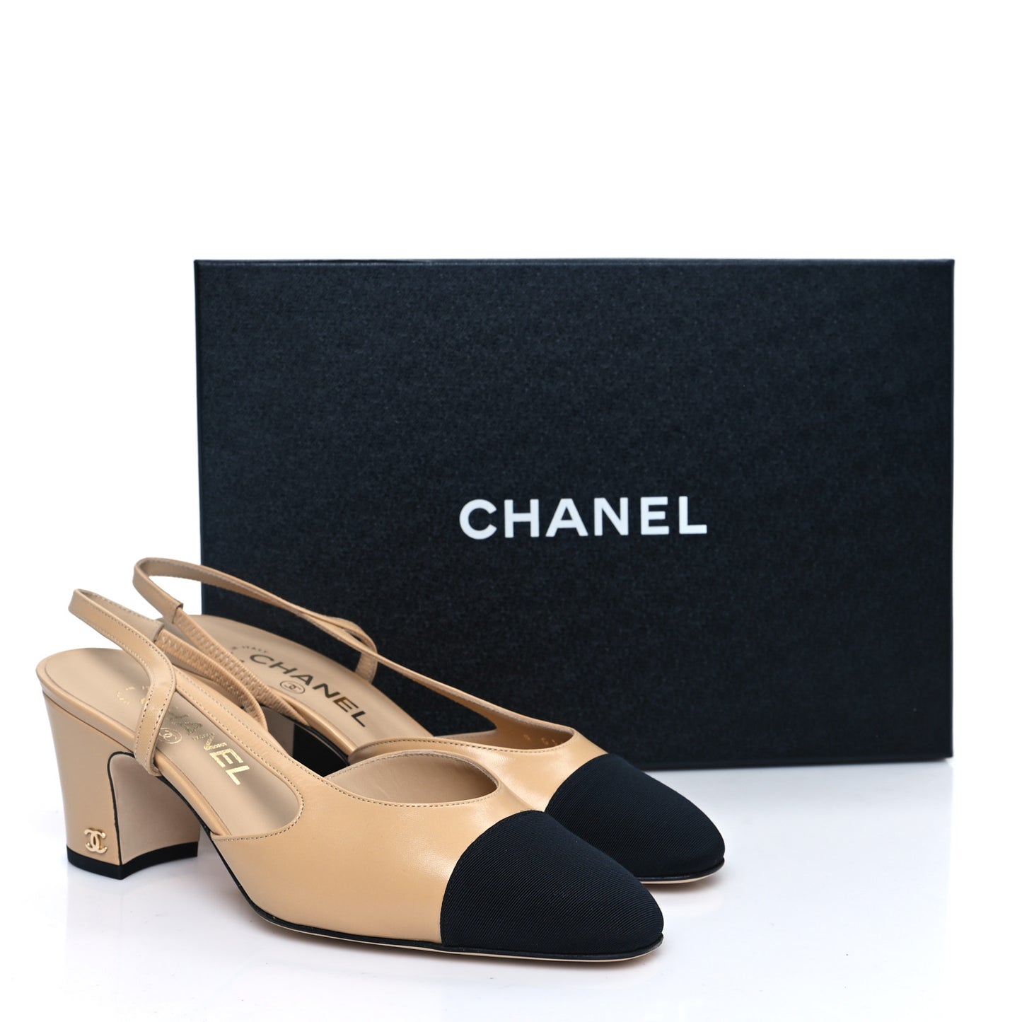 Goatskin Grosgrain Cap Toe CC Slingback Pumps 37.5 Beige Black
