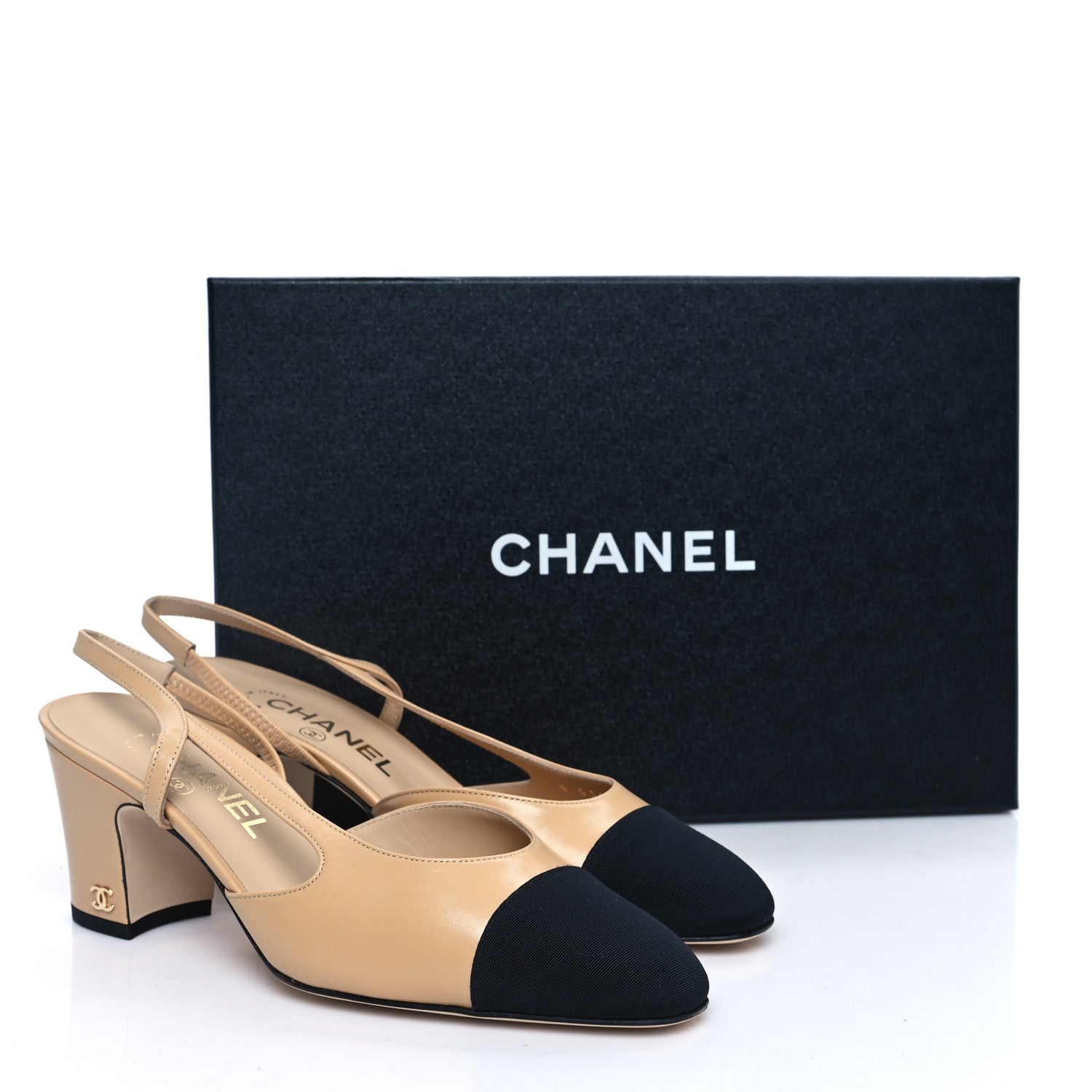 Chanel Goatskin Grosgrain Cap Toe CC Slingback Pumps 37.5 Beige Black 9 of 9