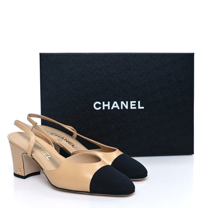 Chanel Goatskin Grosgrain Cap Toe CC Slingback Pumps 37.5 Beige Black 9 of 9