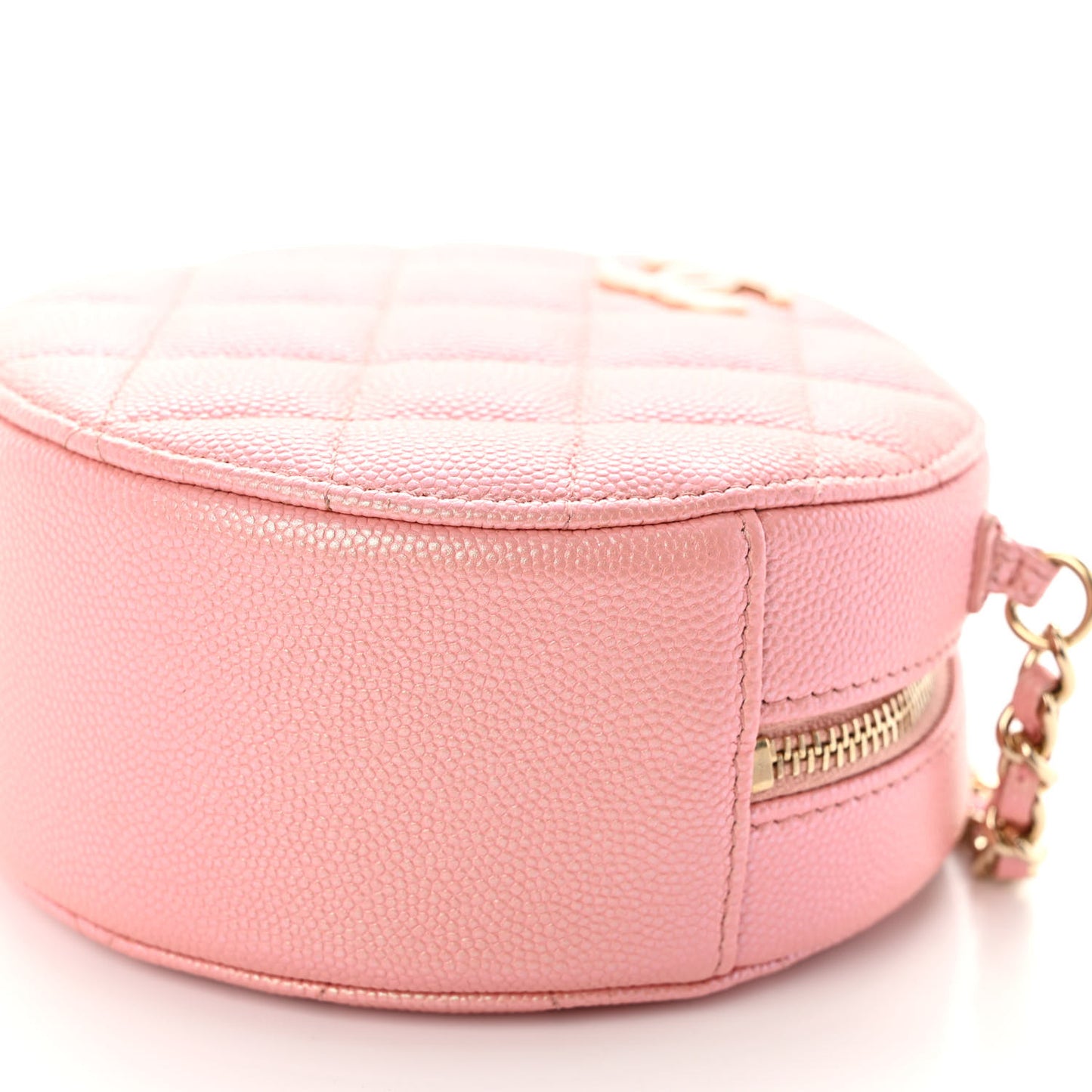 Iridescent Caviar Resin Quilted Round Clutch With Chain Pink