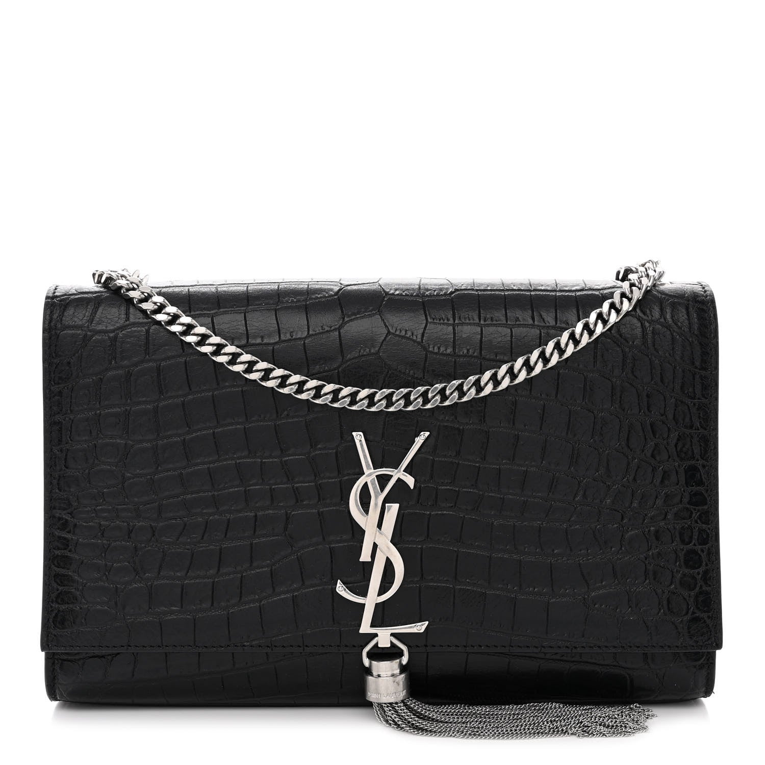 Saint Laurent Calfskin Crocodile Embossed Medium Classic Monogram Kate Tassel Satchel Black 1 of 10