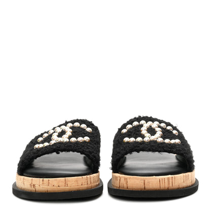 Chanel Fabric Pearl Cork CC Slip On Sandals 38 Black 3 of 10