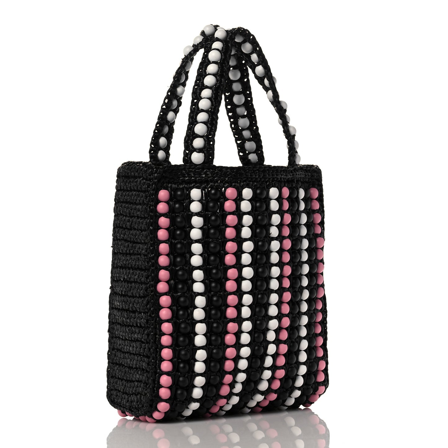 Raffia Wood Bead Embroidered Logo Tote Bag Black