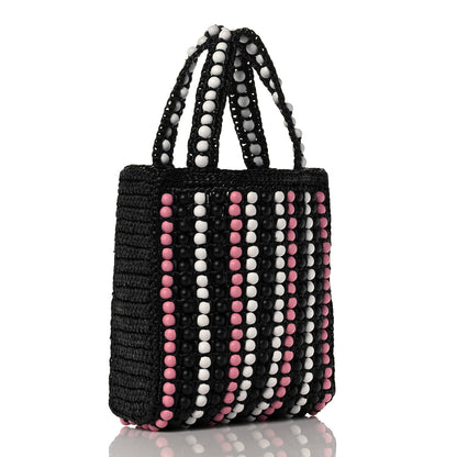 Prada Raffia Wood Bead Embroidered Logo Tote Bag Black 3 of 10