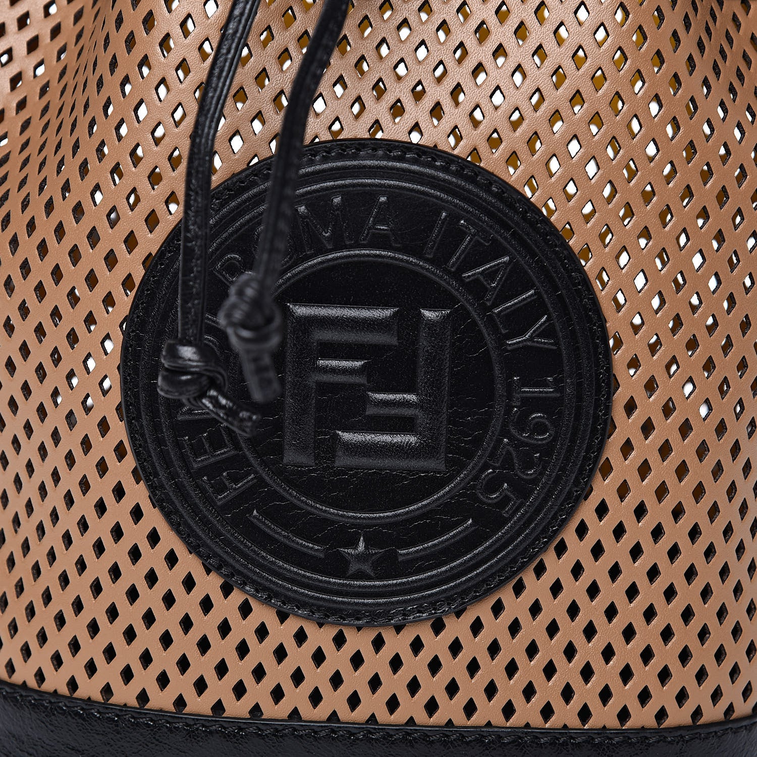 Fendi Vitello Liberty Glossy Lambskin F is Fendi Perforated Large Mon Tresor Bucket Bag Sand Mimosa Black 8 of 9