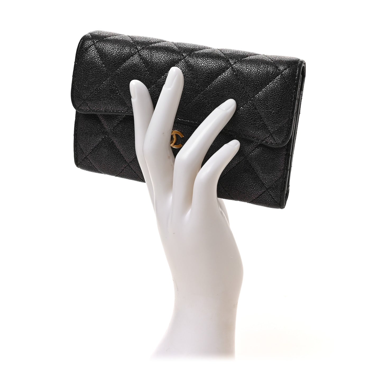 Iridescent Caviar Quilted Medium Flap Wallet Black