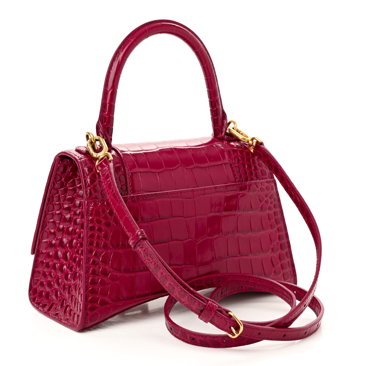 Shiny Calfskin Crocodile Embossed Small Hourglass Top Handle Bag Raspberry