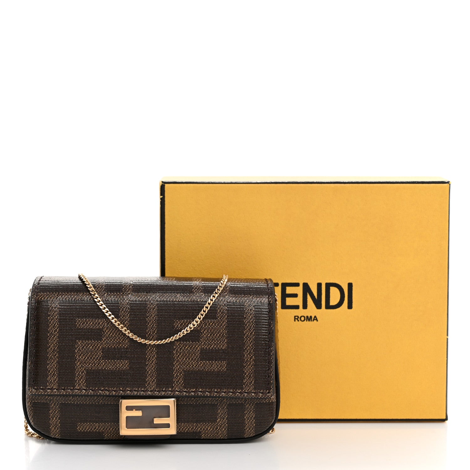 Fendi Glazed Fabric FF 1974 Nano Baguette Charm Mogano Panna 9 of 9