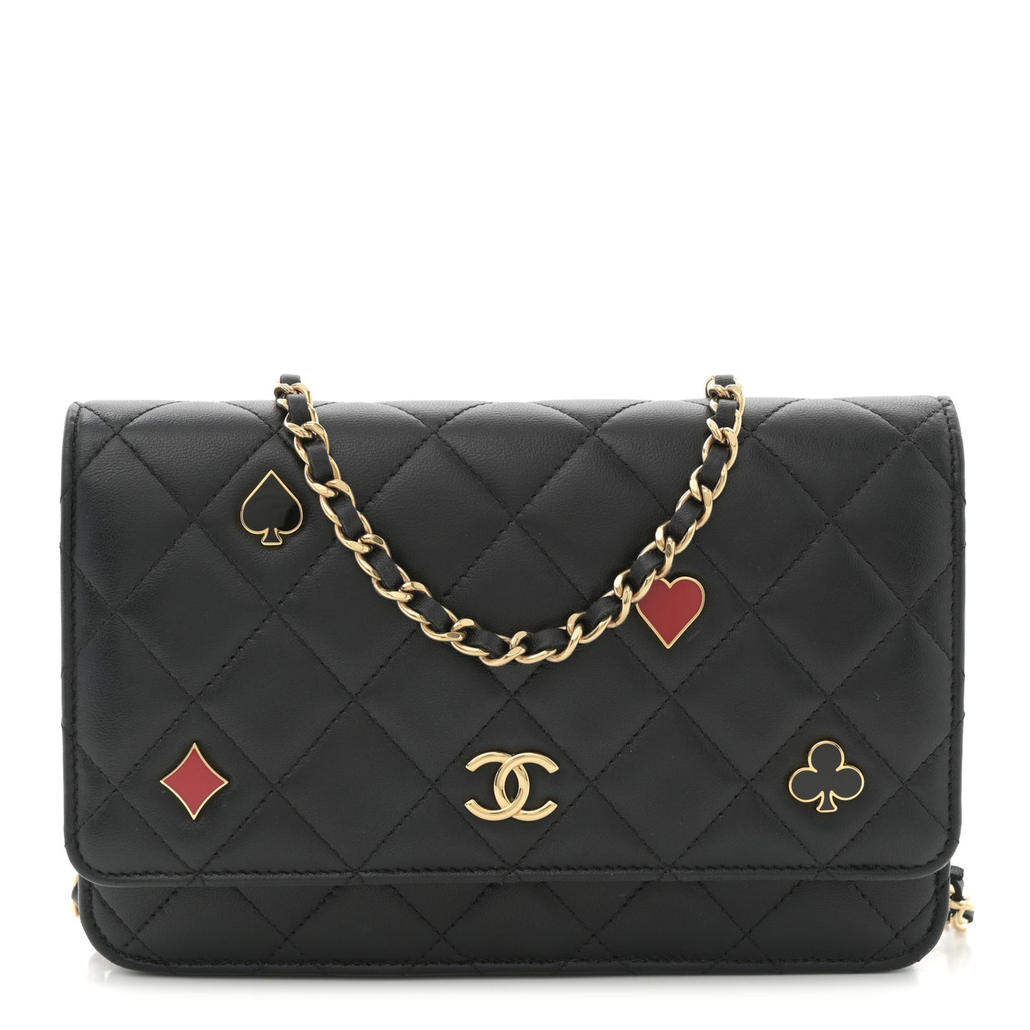 Lambskin Quilted Enamel Coco Casino Wallet On Chain WOC Black