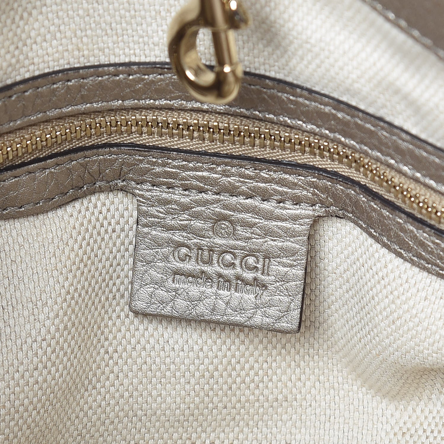 Gucci Metallic Pebbled Calfskin Medium Soho Chain Shoulder Bag Golden Beige 8 of 13