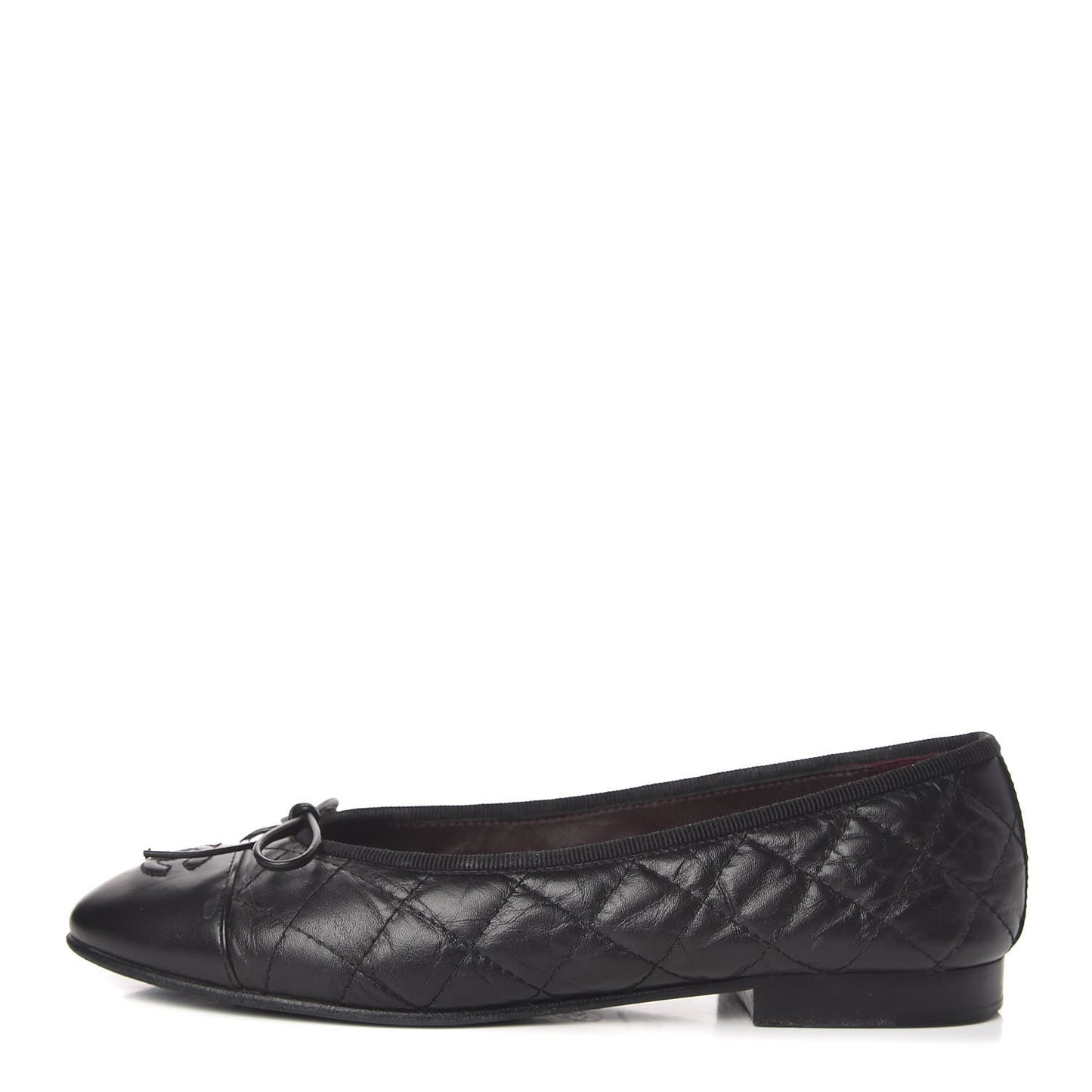 Aged Calfskin Quilted Cap Toe Ballerina Flats 36 Black