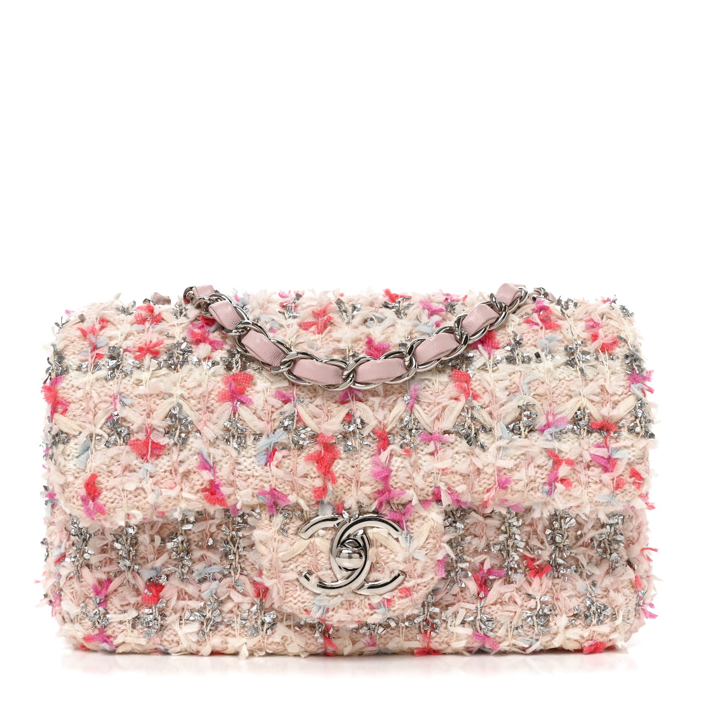 Tweed Quilted Mini Rectangular Flap Light Pink Silver Blue