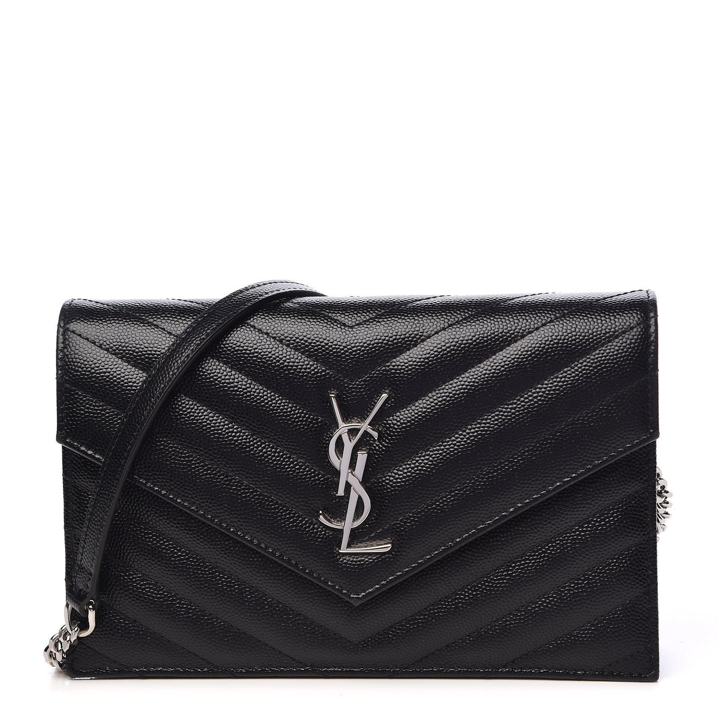 Grain De Poudre Matelasse Chevron Monogram Envelope Chain Wallet Black