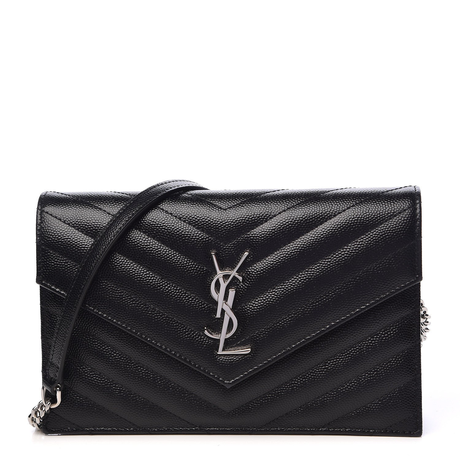 Saint Laurent Grain De Poudre Matelasse Chevron Monogram Envelope Chain Wallet Black 1 of 12