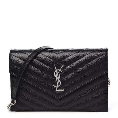 Saint Laurent Grain De Poudre Matelasse Chevron Monogram Envelope Chain Wallet Black 1 of 12