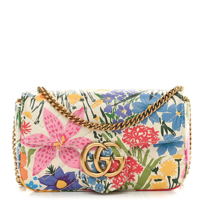 Gucci X KEN SCOTT Calfskin Matelasse Floral Print Super Mini GG Marmont Shoulder Bag Ivory Pink 1 of 13