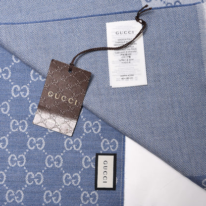Gucci Wool Jacquard Monogram Fringe Scarf Light Blue 4 of 4