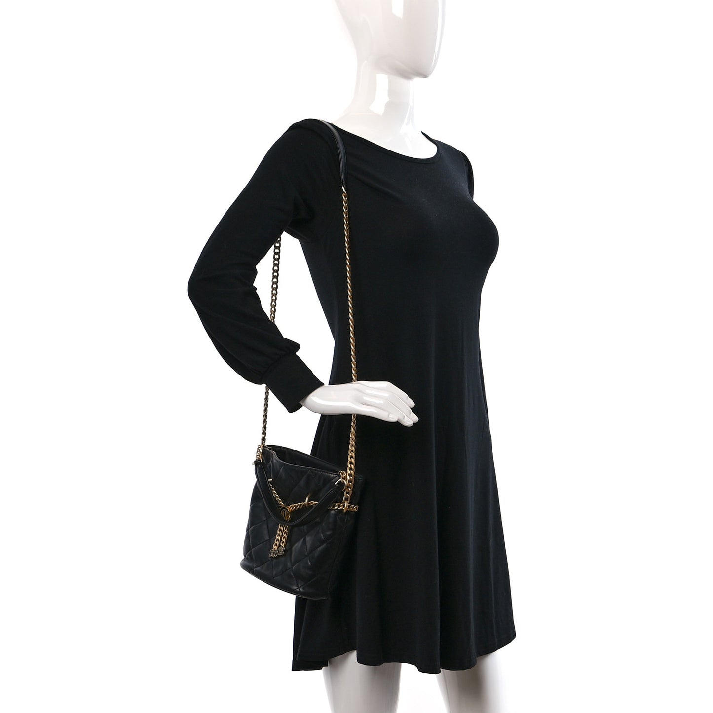 Lambskin Enamel Quilted Pending CC Bucket Drawstring Bag Black