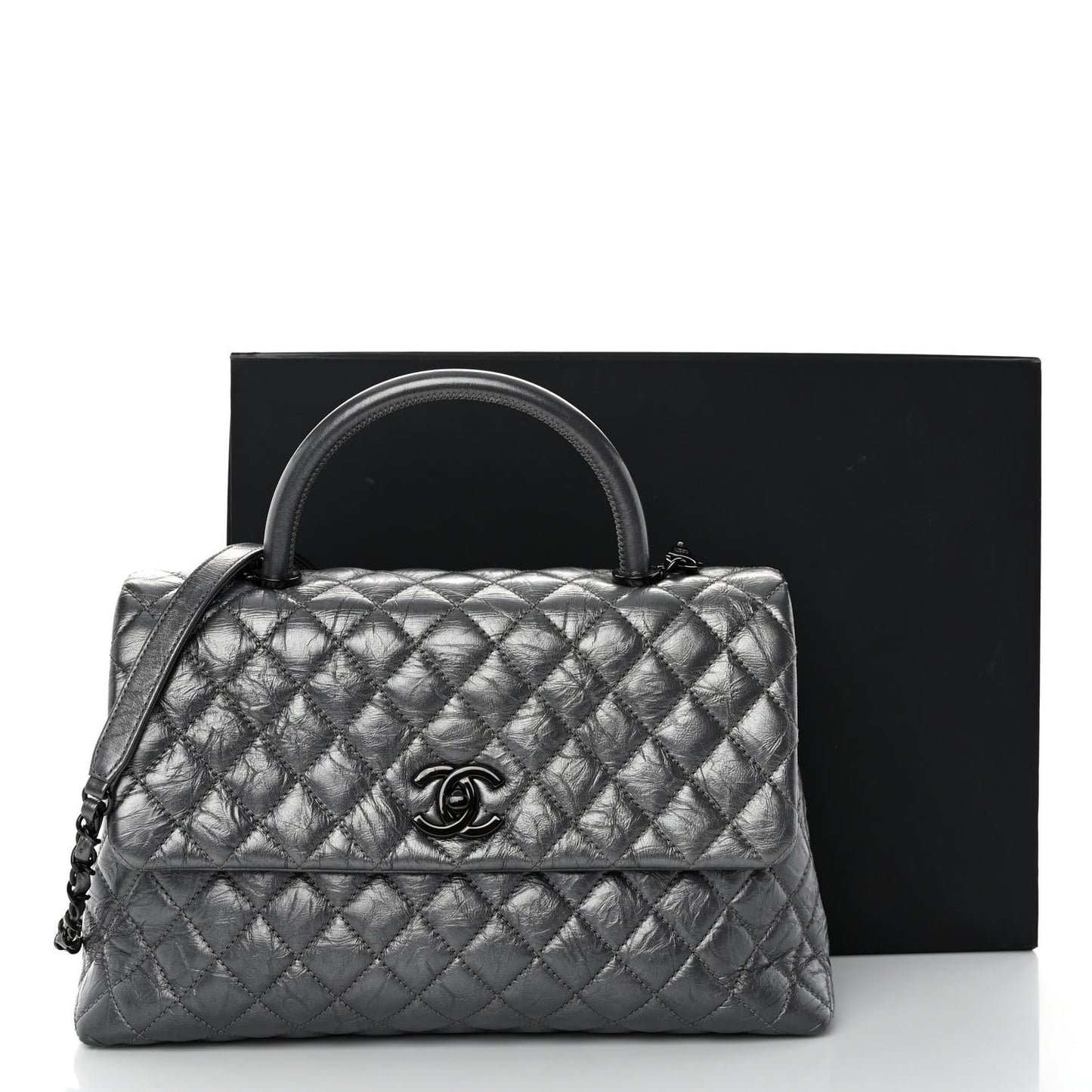 Metallic Aged Calfskin Quilted Medium Coco Handle Flap Charcoal