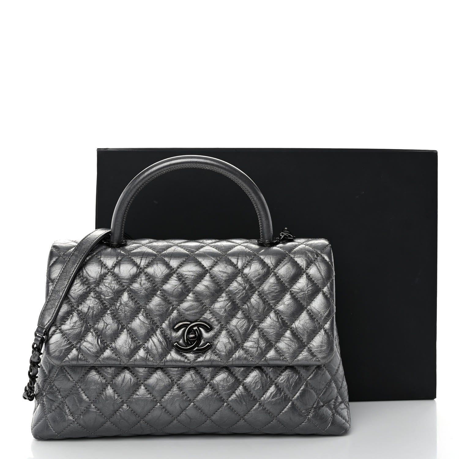 Chanel Metallic Aged Calfskin Quilted Medium Coco Handle Flap Charcoal 11 of 11