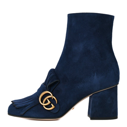 Gucci Kid Scamosciato GG Marmont Fringe 75mm Ankle Boots 37 Blue Ink 1 of 12