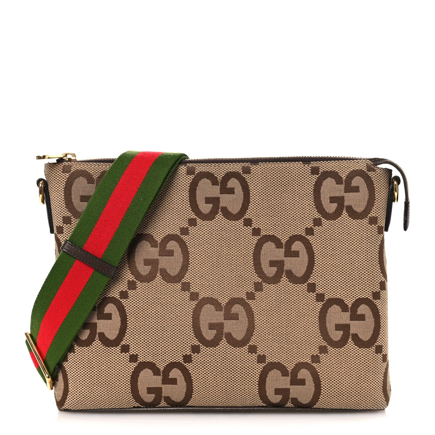 Gucci Monogram Jumbo GG Textured Dollar Calfskin Web Wristlet Messenger Bag Camel Ebony New Acero 1 of 22