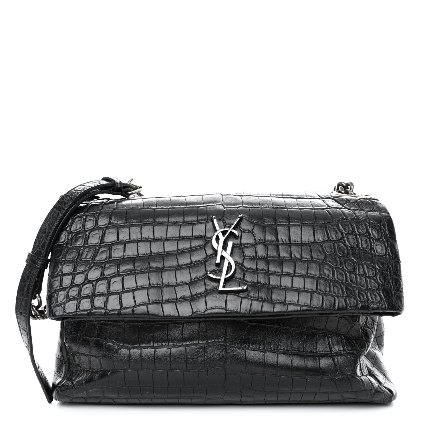 Saint Laurent Calfskin Crocodile Embossed Medium West Hollywood Monogram Fold-Over Black 1 of 10