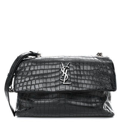 Saint Laurent Calfskin Crocodile Embossed Medium West Hollywood Monogram Fold-Over Black 1 of 10