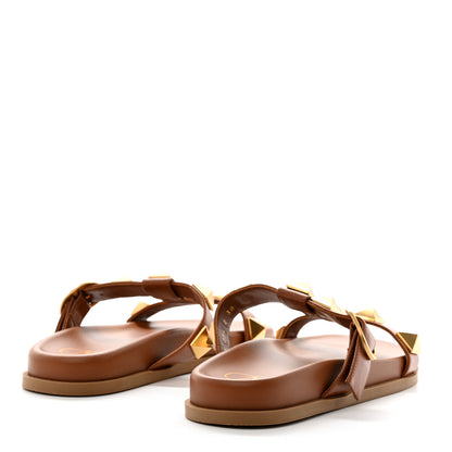 Valentino Garavani Calfskin Roman Stud Flat Slide Sandals 38 Saddle Brown 4 of 8
