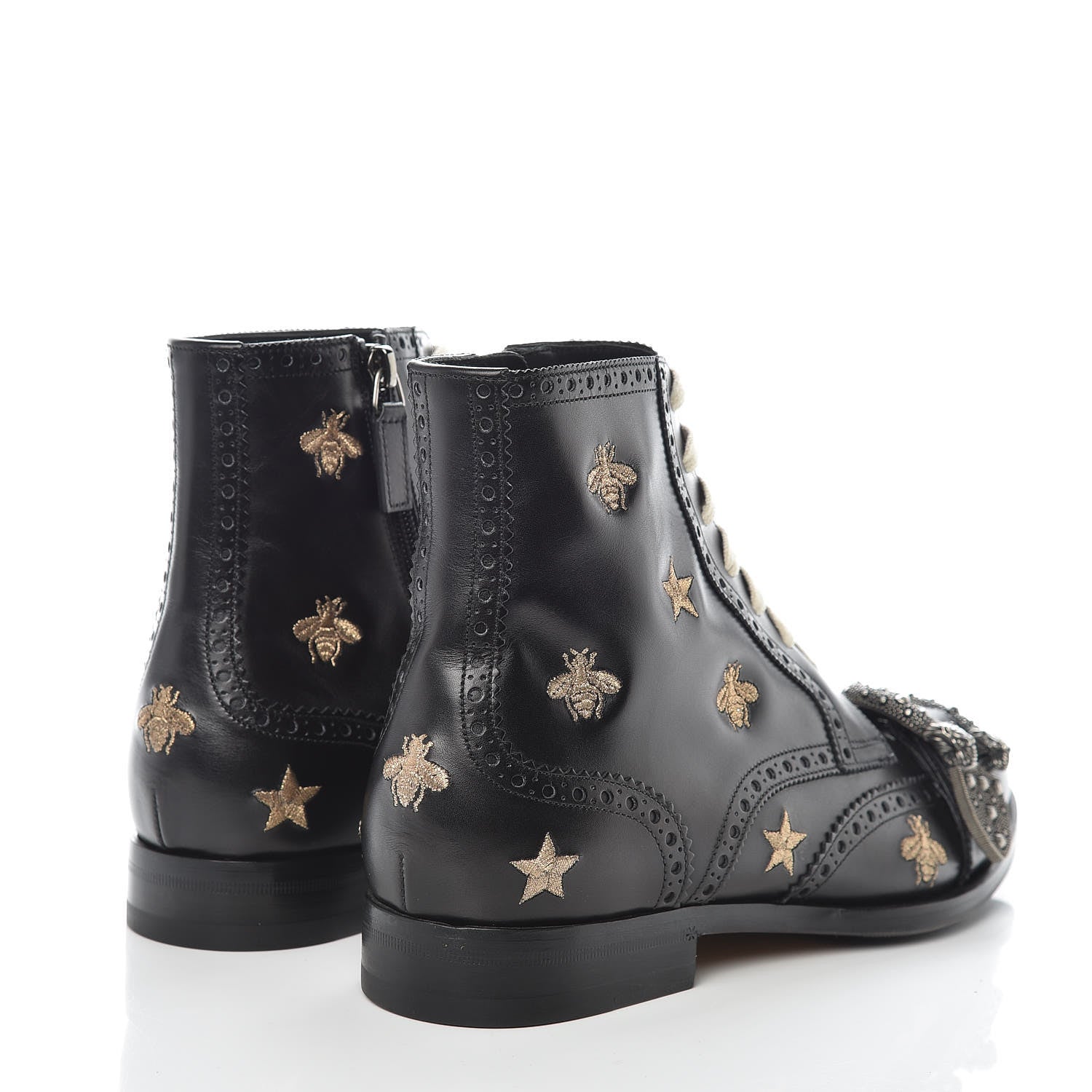 Gucci Calfskin Bee Star Embroidered Mens Queercore Brogue Wingtip Boots 7.5 Black 4 of 9