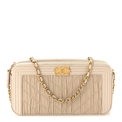 Chanel Crumpled Lambskin Chevron Quilted Pleated Small Boy Clutch With Chain Beige 1 of 10