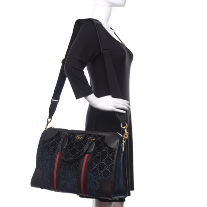Gucci Velvet GG Monogram Textured Calfskin Web Medium Duffle Bag Blue Beige Black 2 of 11
