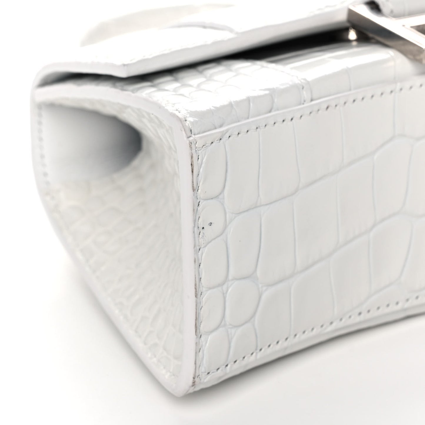 Shiny Calfskin Crocodile Embossed Hourglass Top Handle Bag XS White