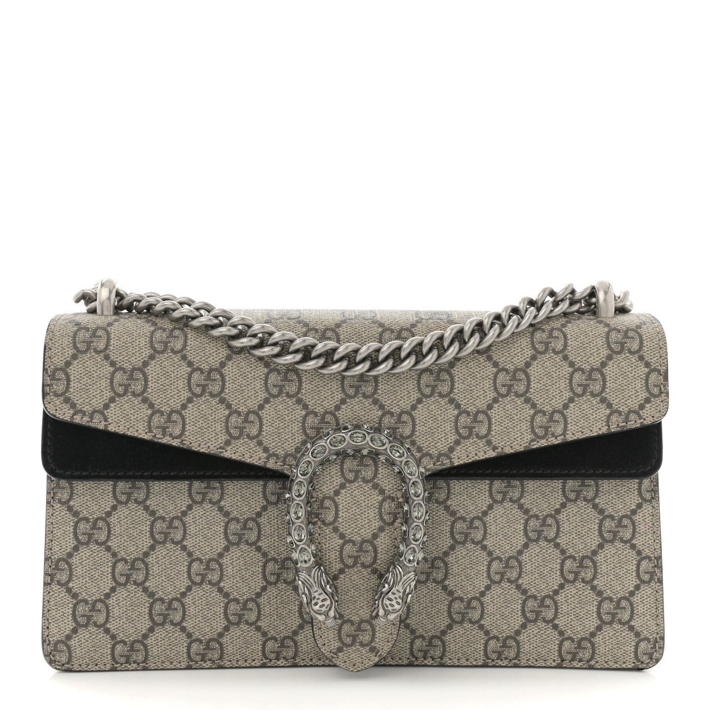 GG Supreme Monogram Suede Crystal Small Dionysus Shoulder Bag Beige Ebony Black