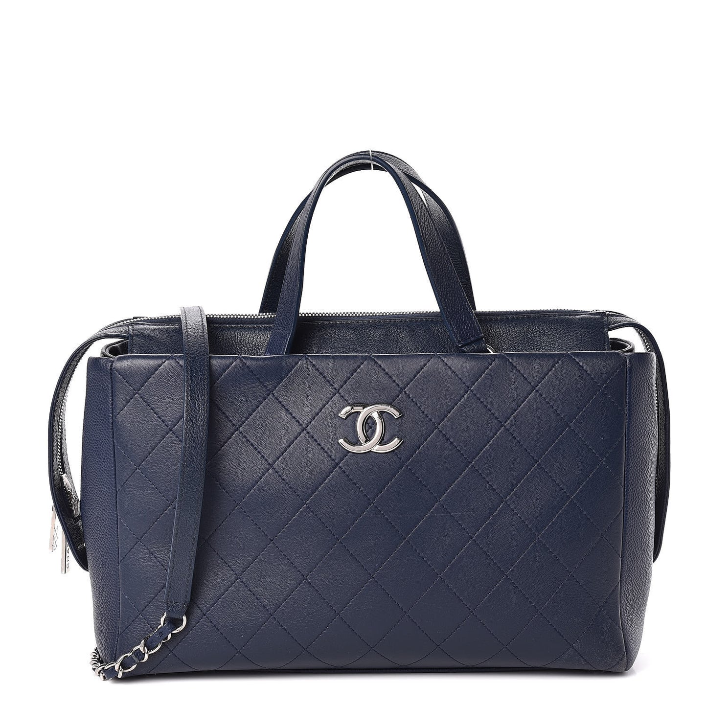 Grained Calfskin Stitched Large Magnetic Shopping Tote Blue