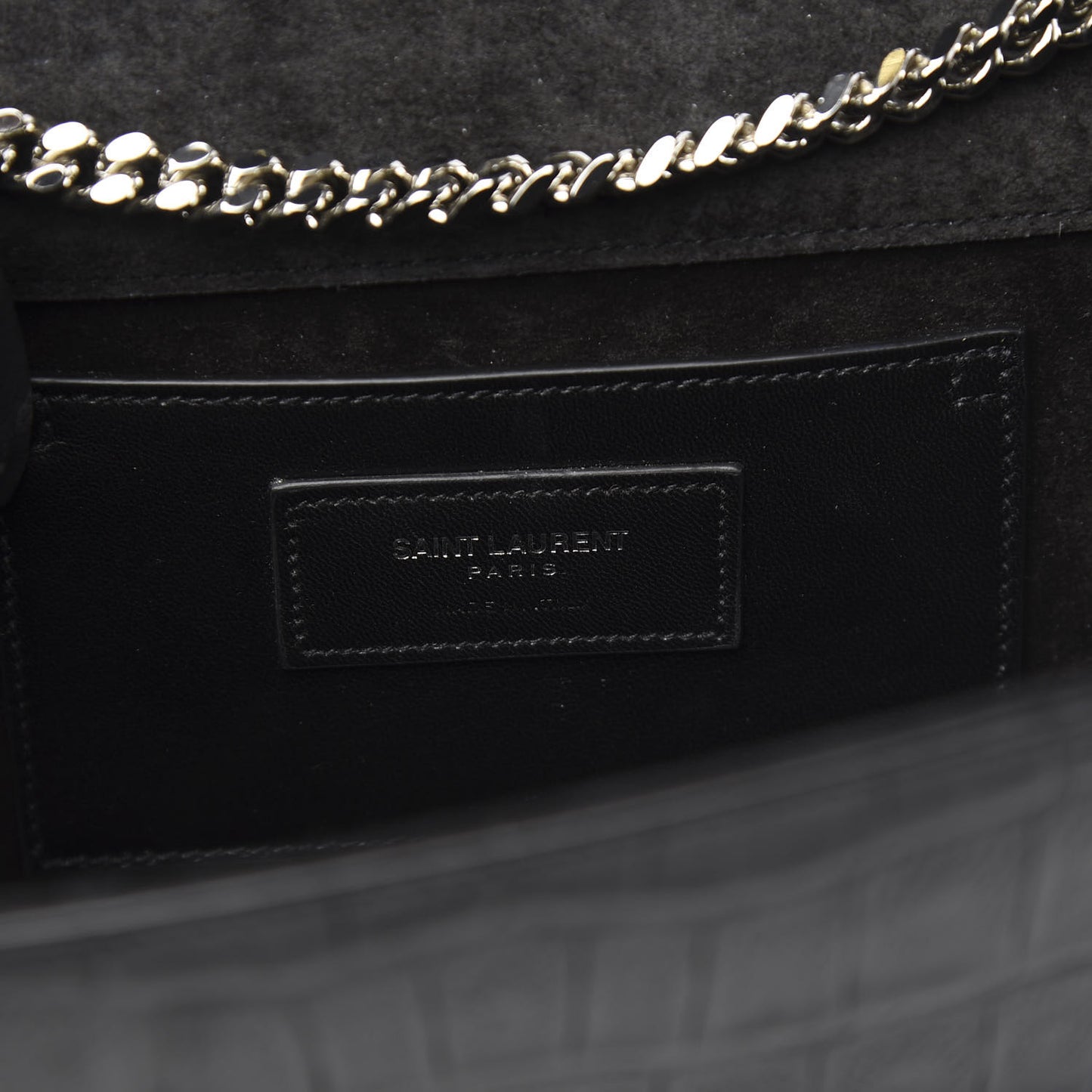 Calfskin Crocodile Embossed Medium Classic Monogram Kate Tassel Satchel Black