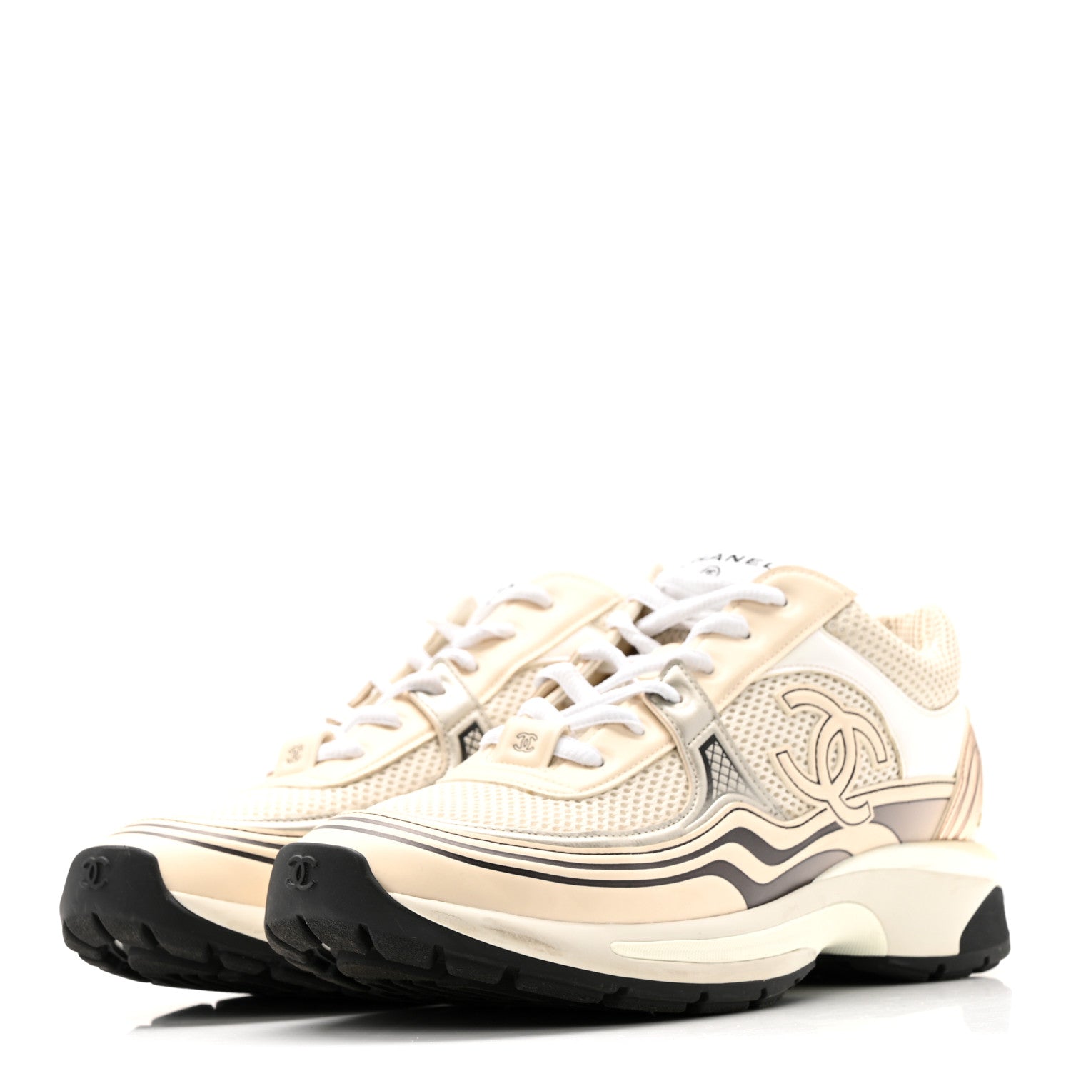 Chanel Fabric Laminated Calfskin Stretch CC Sneakers 37 Ivory White Silver 4 of 14