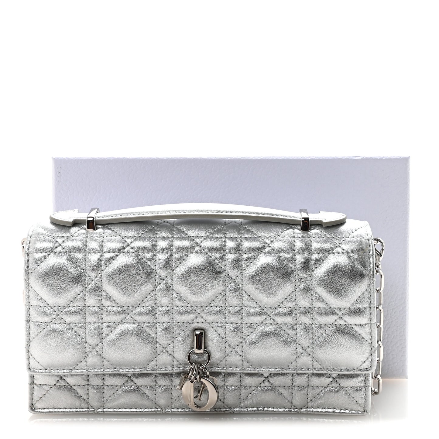 Metallic Lambskin Cannage Mini My Dior Top Handle Clutch Silver