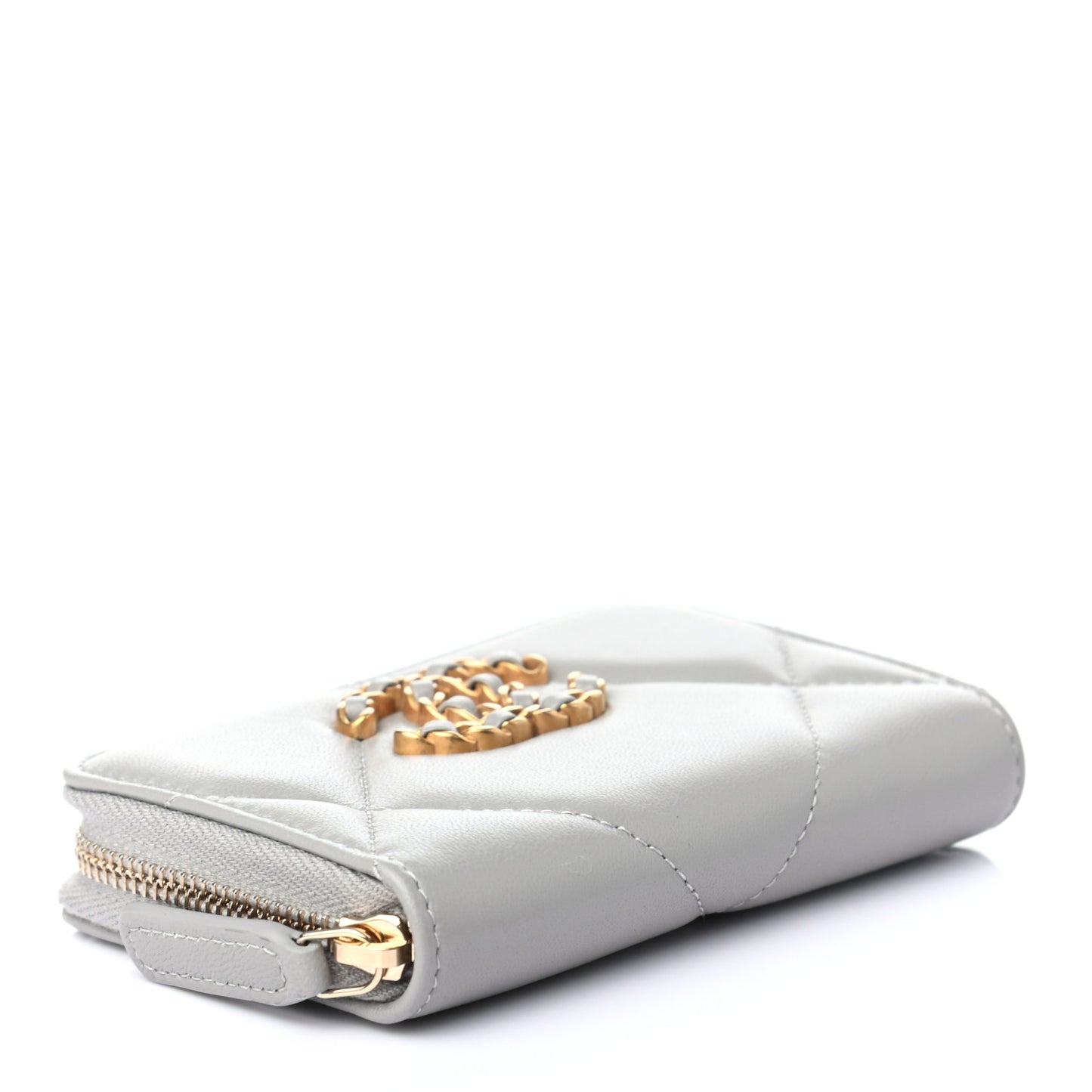 Lambskin Quilted Chanel 19 Zip Around Coin Purse Wallet Grey