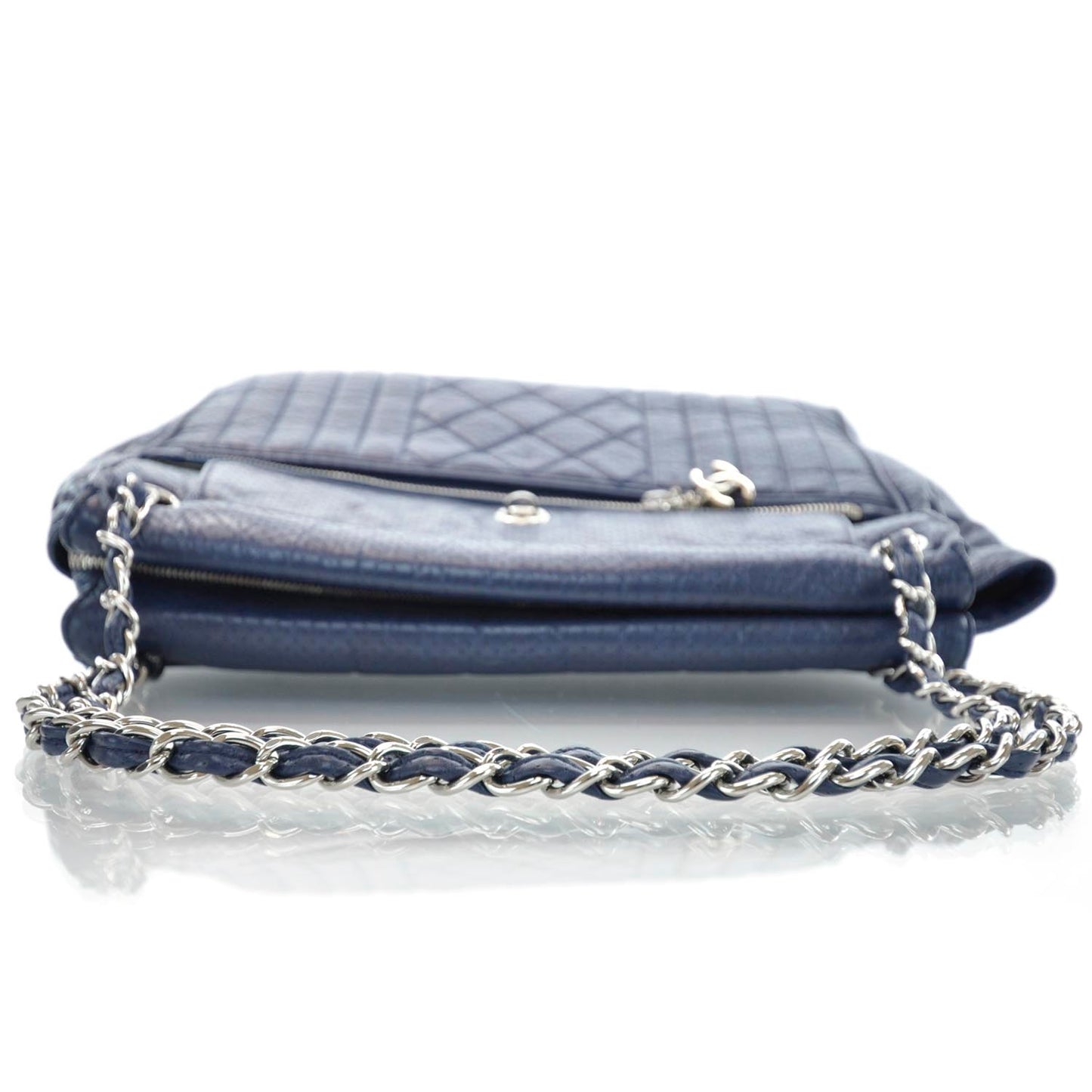 Aged Calfskin Perforated Tote Navy