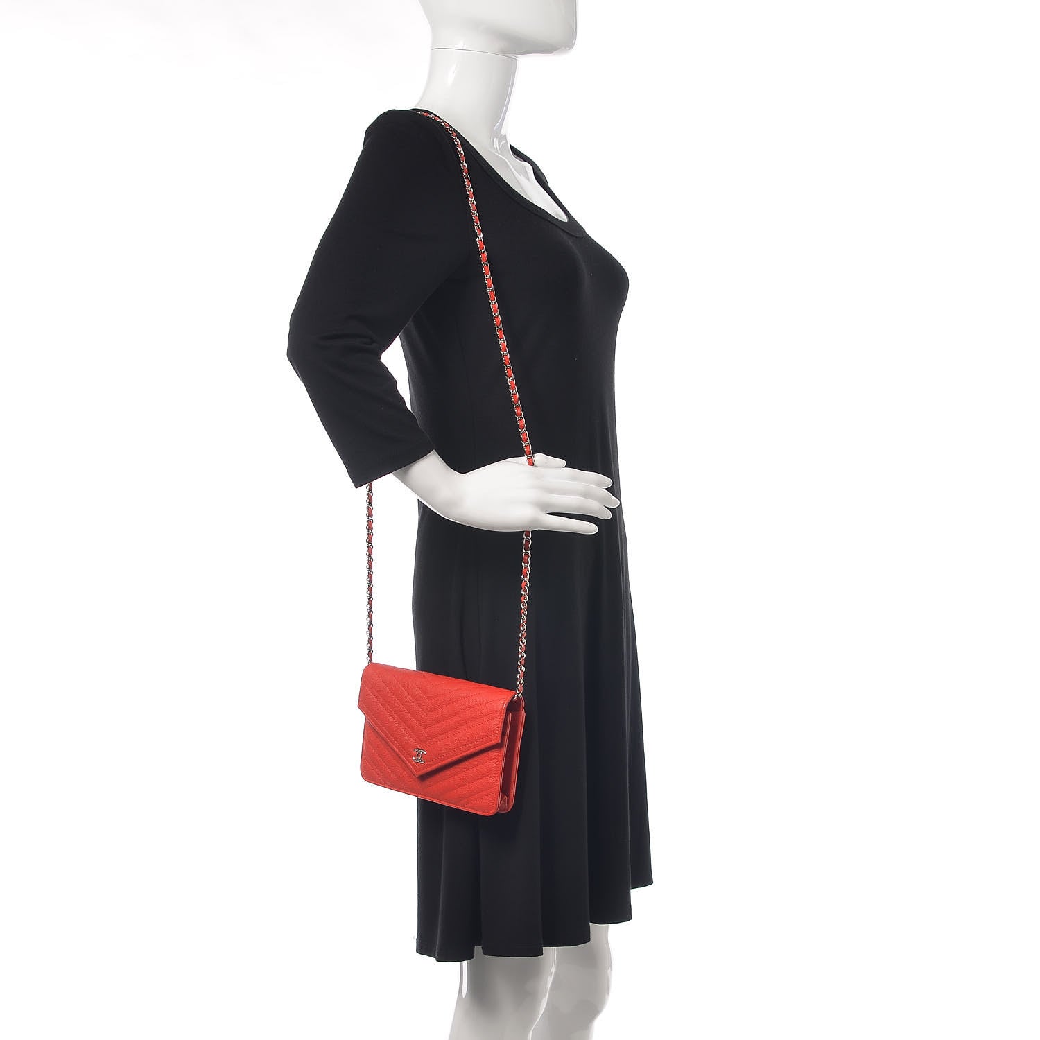 Chanel Caviar Chevron Quilted Statement Wallet On Chain WOC Red 2 of 11