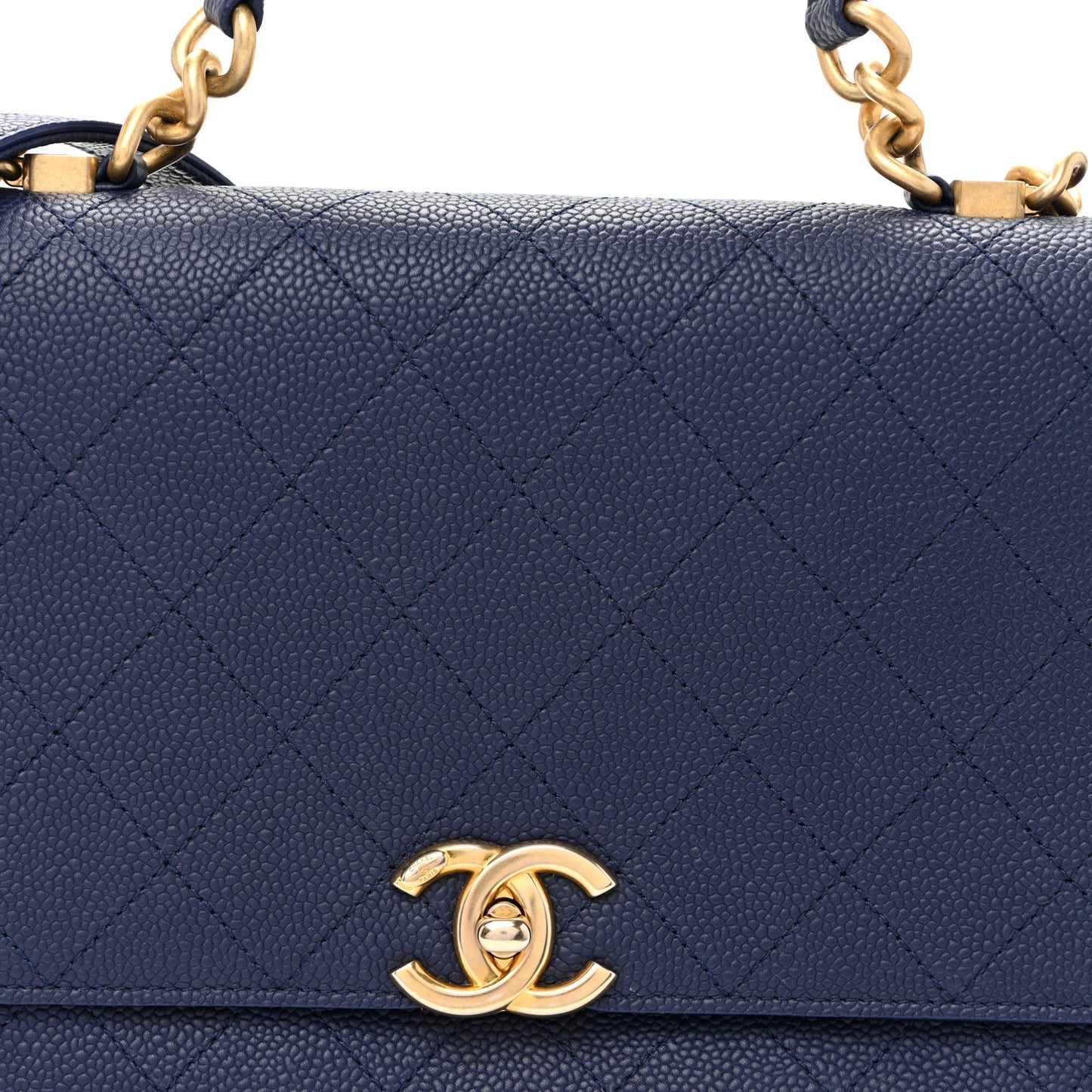 Caviar Diamond Stitched Top Handle Flap Navy
