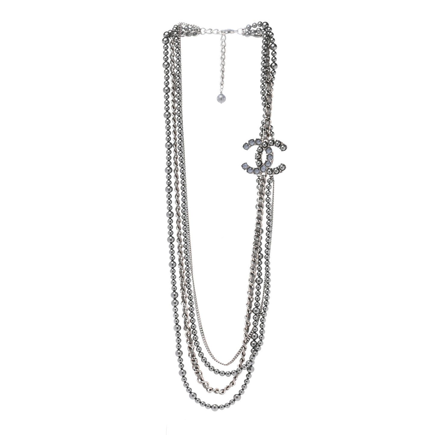 Crystal Pearl Lambskin CC Multi Strand Necklace Grey Silver