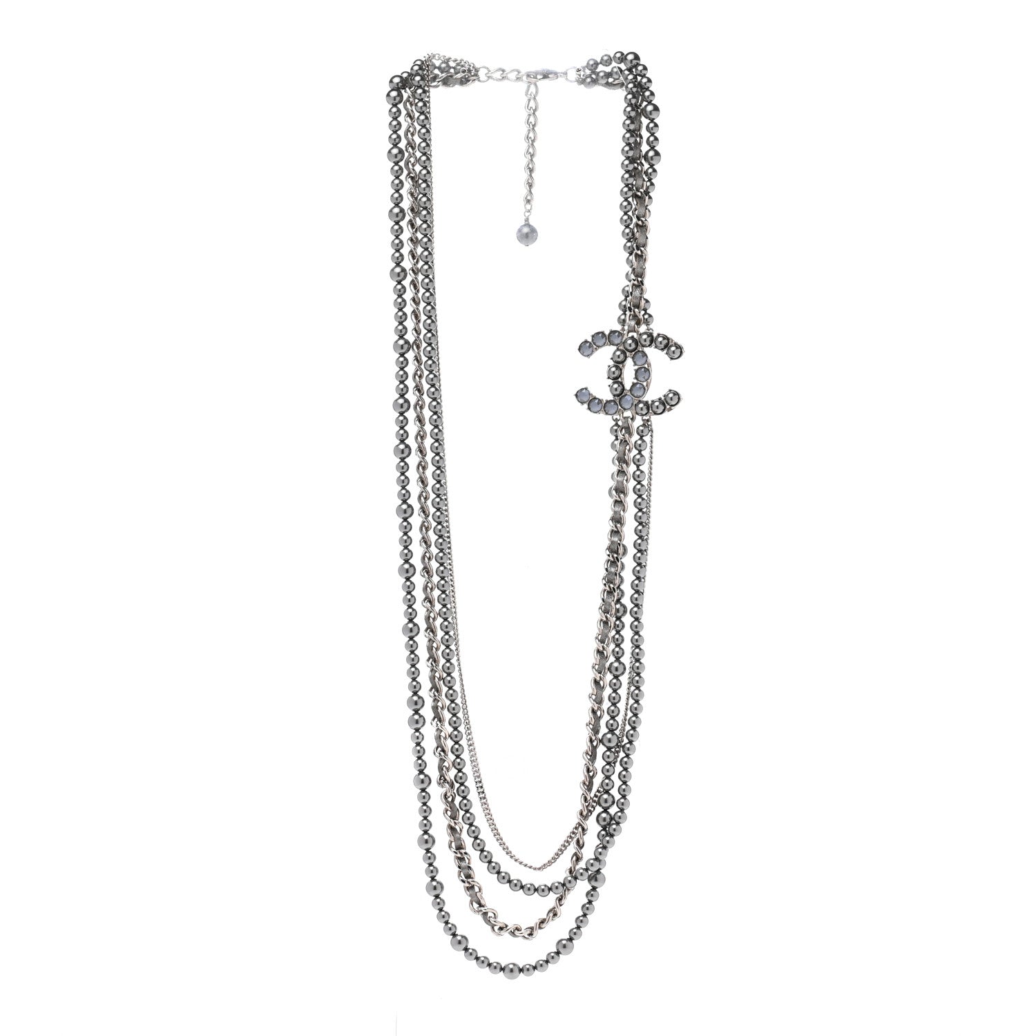 Chanel Crystal Pearl Lambskin CC Multi Strand Necklace Grey Silver 3 of 7