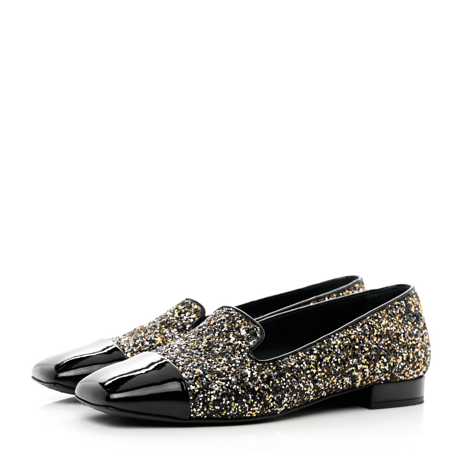 Chanel Glitter Fabric Patent Calfskin Moccasin Loafers 37 Black Bronze 3 of 9