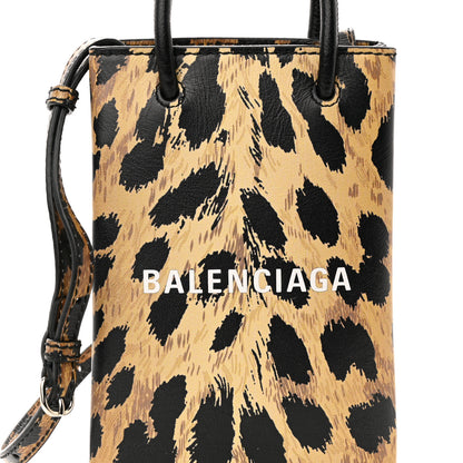 Balenciaga Smooth Calfskin Leopard Print Logo Shopping Phone Holder Bag Beige Black 8 of 11